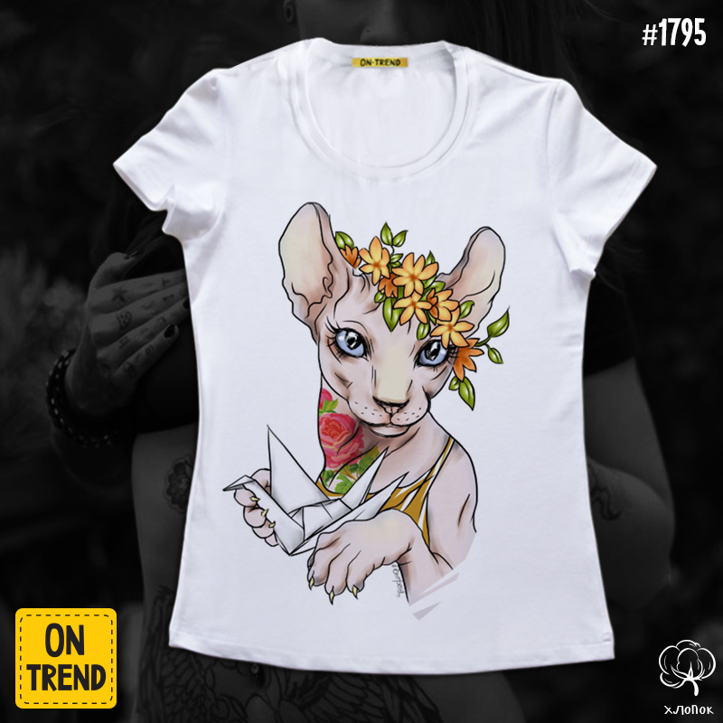 картинка Женская футболка "Кошечка с тату с венком" от магазина  ON-TREND