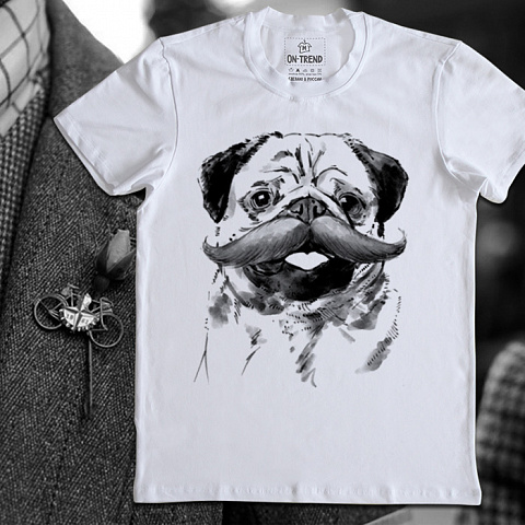 картинка Мужская футболка "Усатый Мопс" магазин  ON-TREND являющийся производителем одежды из хлопка высшего качества