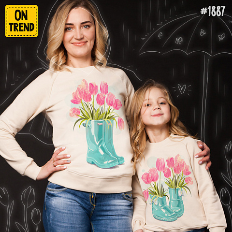 картинка Толстовки для мамы и дочки "Весенние тюльпаны" магазин  ON-TREND являющийся производителем одежды из хлопка высшего качества