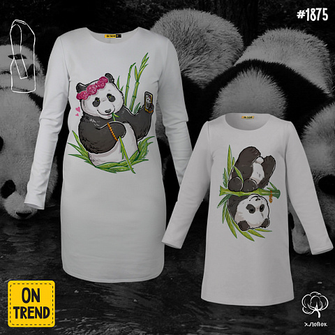 картинка Трикотажные платья для мамы и дочки "Крутые панды" магазин  ON-TREND являющийся производителем одежды из хлопка высшего качества