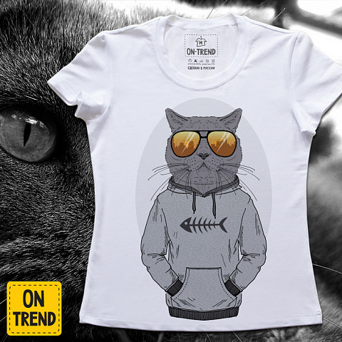 картинка Женская футболка "Модный Кот" магазин  ON-TREND являющийся производителем одежды из хлопка высшего качества