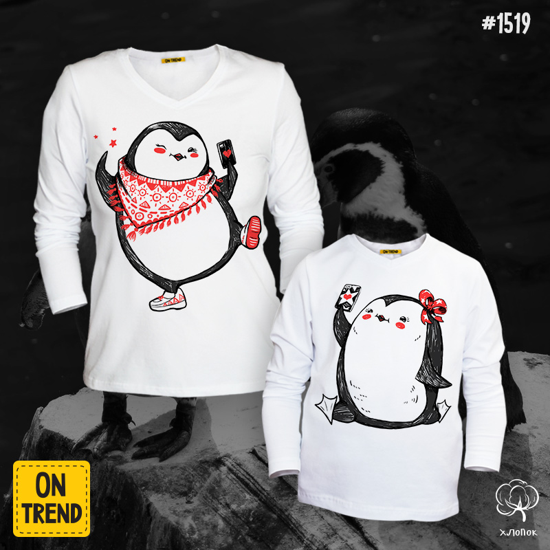 картинка Лонгсливы для мамы и дочки "Селфи пингвинов" от магазина  ON-TREND