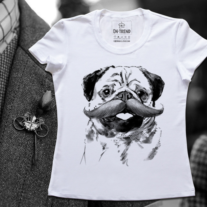 картинка Женская футболка "Усатый Мопс" от магазина  ON-TREND