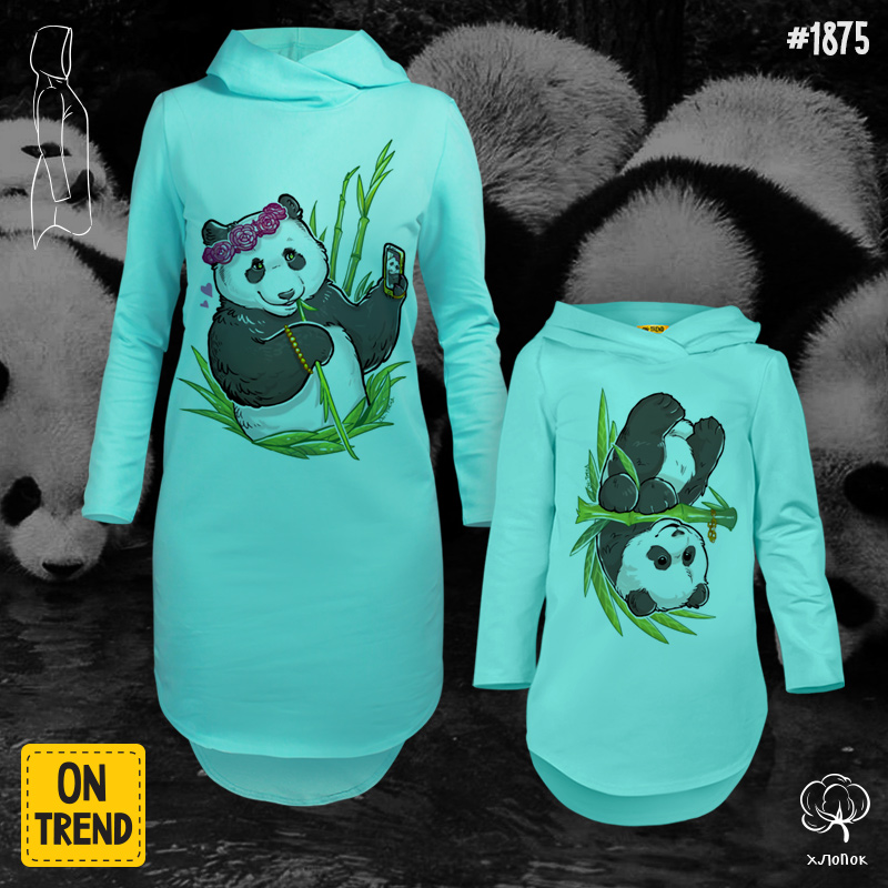 картинка Платья с капюшоном для мамы и дочки "Крутые панды" от магазина  ON-TREND