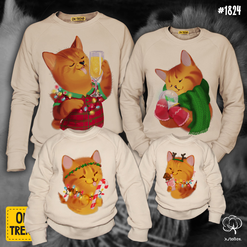картинка Толстовки для четверых "Мандариновые коты" от магазина  ON-TREND