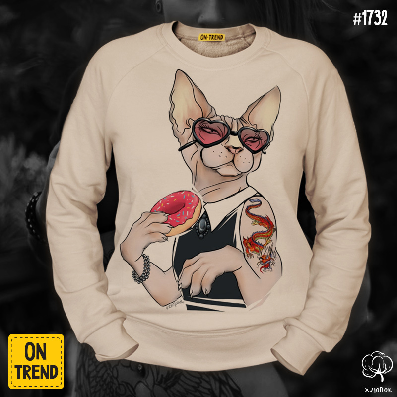 картинка Женская толстовка "Кошечка с тату в очках" от магазина  ON-TREND