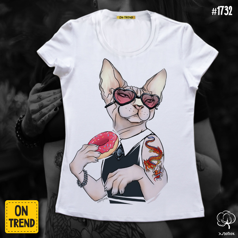 картинка Женская футболка "Кошечка с тату в очках" от магазина  ON-TREND