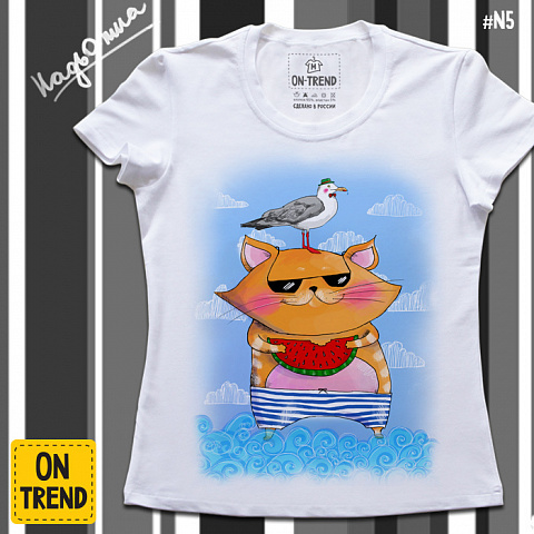 картинка Женская футболка "Кот на море" магазин  ON-TREND являющийся производителем одежды из хлопка высшего качества