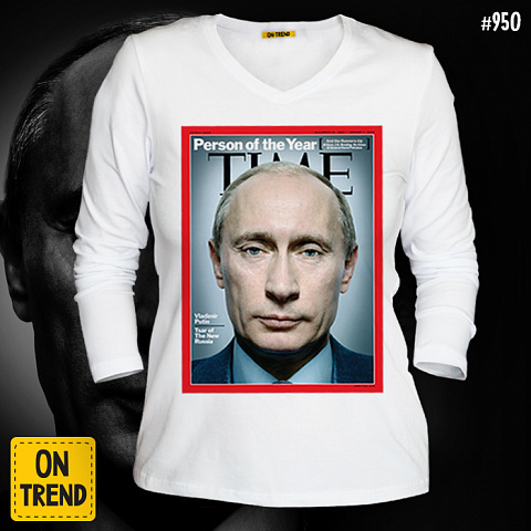 картинка Женский лонгслив  "Путин на обложке" магазин  ON-TREND являющийся производителем одежды из хлопка высшего качества