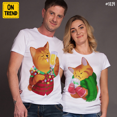 картинка Парные футболки  "Мандариновые коты" магазин  ON-TREND являющийся производителем одежды из хлопка высшего качества