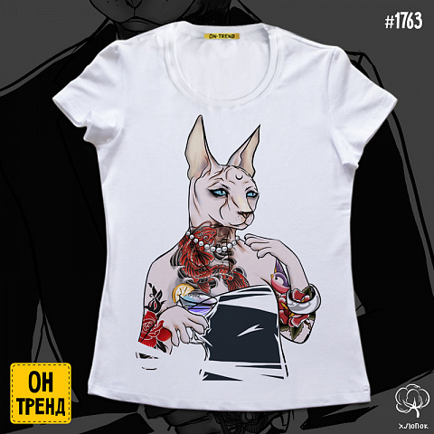 картинка Женская футболка "Кошечка с тату" магазин  ON-TREND являющийся производителем одежды из хлопка высшего качества