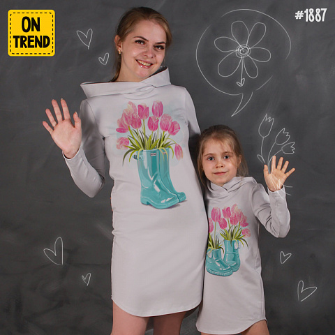 картинка Платья с капюшоном для мамы и дочки "Весенние тюльпаны" магазин  ON-TREND являющийся производителем одежды из хлопка высшего качества