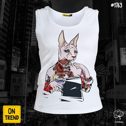 картинка Майка женская "Кошечка с тату" магазин  ON-TREND являющийся производителем одежды из хлопка высшего качества