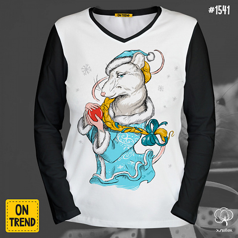 картинка Женская футболка с длинными рукавами "Крыса Снегурочка" магазин  ON-TREND являющийся производителем одежды из хлопка высшего качества
