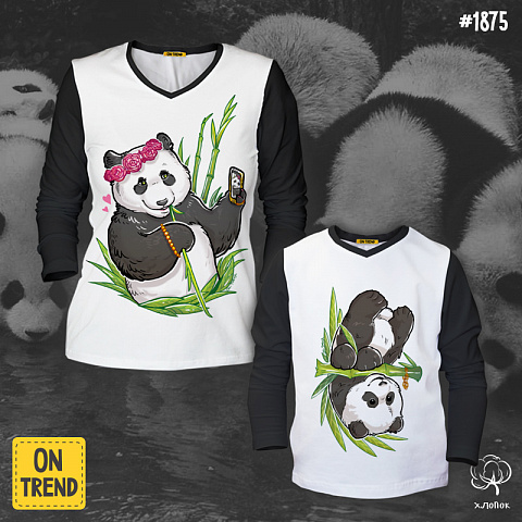 картинка Лонгсливы для мамы и ребенка "Крутые панды" магазин  ON-TREND являющийся производителем одежды из хлопка высшего качества