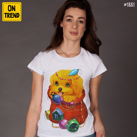 картинка Женская футболка "Собачка в подарок" магазин  ON-TREND являющийся производителем одежды из хлопка высшего качества