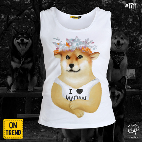 картинка Майка женская "Собаки WOW" магазин  ON-TREND являющийся производителем одежды из хлопка высшего качества