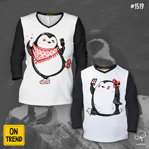 картинка Лонгсливы для мамы и дочки "Селфи пингвинов" магазин  ON-TREND являющийся производителем одежды из хлопка высшего качества