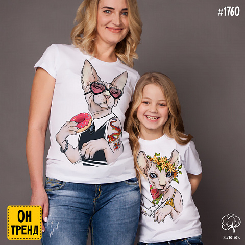 картинка Футболки для мамы и дочки "Кошечки с тату" магазин  ON-TREND являющийся производителем одежды из хлопка высшего качества