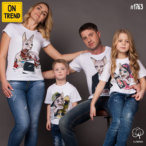 картинка Футболки для семьи "Семья котиков с тату" магазин  ON-TREND являющийся производителем одежды из хлопка высшего качества