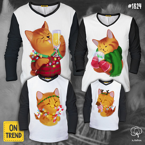 картинка Лонгсливы для семьи "Мандариновые коты" магазин  ON-TREND являющийся производителем одежды из хлопка высшего качества