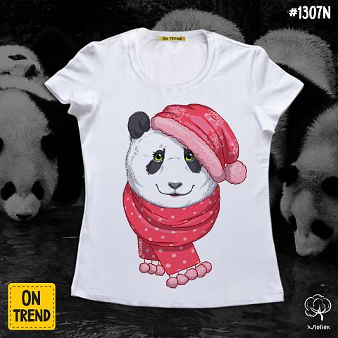 картинка Женская футболка "Панда в шапке" магазин  ON-TREND являющийся производителем одежды из хлопка высшего качества