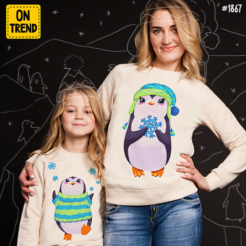 картинка Толстовки для мамы и дочки "Милые пингвинчики" магазин  ON-TREND являющийся производителем одежды из хлопка высшего качества