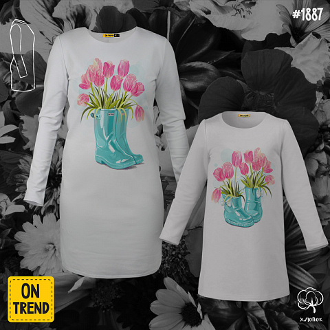 картинка Трикотажные платья для мамы и дочки "Весенние тюльпаны" магазин  ON-TREND являющийся производителем одежды из хлопка высшего качества
