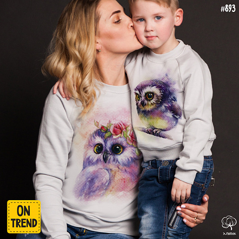 картинка Толстовки для мамы и ребенка "Дружные совы" магазин  ON-TREND являющийся производителем одежды из хлопка высшего качества