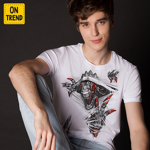 картинка Мужская футболка "Динозавр-робот" магазин  ON-TREND являющийся производителем одежды из хлопка высшего качества