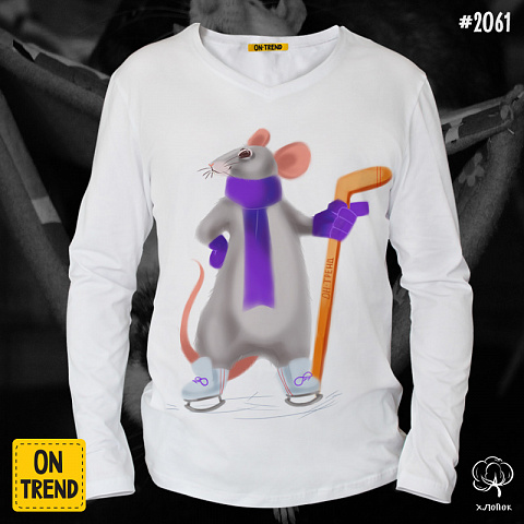 картинка Мужская футболка с длинными рукавами "Мышь с клюшкой" магазин  ON-TREND являющийся производителем одежды из хлопка высшего качества