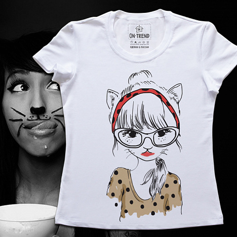 картинка Женская футболка "Девочка-Кошечка" магазин  ON-TREND являющийся производителем одежды из хлопка высшего качества