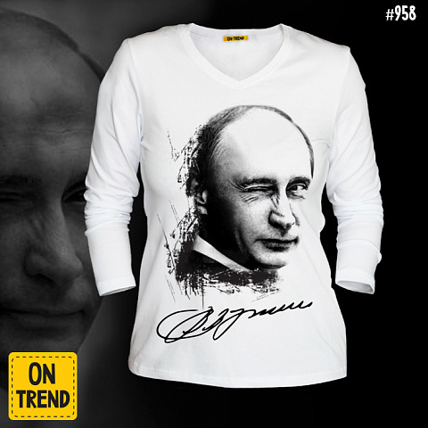 картинка Женский лонгслив  "Взгляд Путина" магазин  ON-TREND являющийся производителем одежды из хлопка высшего качества