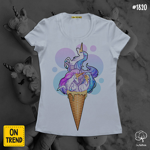 картинка Женская футболка "Мороженое с Единорогами" магазин  ON-TREND являющийся производителем одежды из хлопка высшего качества