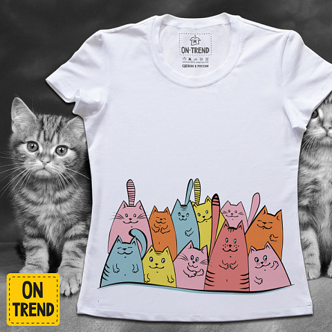 картинка Женская футболка "Разноцветные Коты " магазин  ON-TREND являющийся производителем одежды из хлопка высшего качества