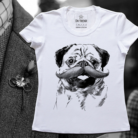 картинка Женская футболка "Усатый Мопс" магазин  ON-TREND являющийся производителем одежды из хлопка высшего качества