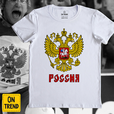 картинка Мужская футболка "Россия" магазин  ON-TREND являющийся производителем одежды из хлопка высшего качества