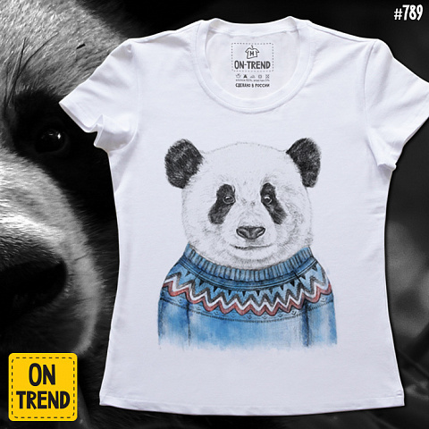 картинка Женская футболка "Панда в Свитере" магазин  ON-TREND являющийся производителем одежды из хлопка высшего качества