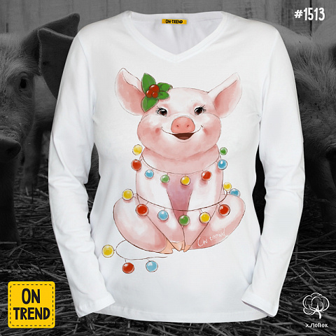 картинка Женская футболка с длинными рукавами "Счастливая свинка" магазин  ON-TREND являющийся производителем одежды из хлопка высшего качества