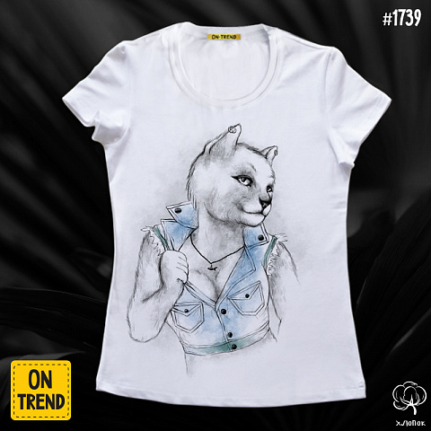 картинка Женская футболка "Крутая кошечка" магазин  ON-TREND являющийся производителем одежды из хлопка высшего качества