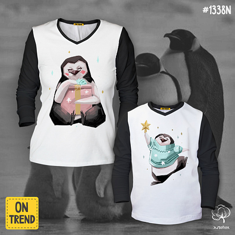 картинка Лонгсливы для мамы и ребенка "Звездные пингвины" магазин  ON-TREND являющийся производителем одежды из хлопка высшего качества