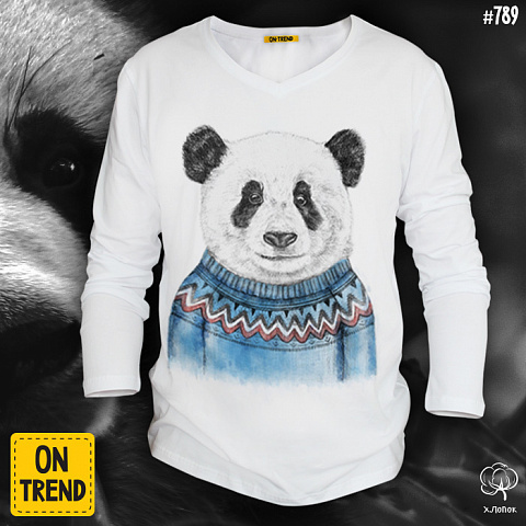 картинка Мужская футболка с длинным рукавом "Панда в свитере" магазин  ON-TREND являющийся производителем одежды из хлопка высшего качества