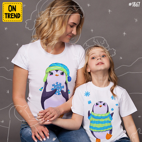 картинка Футболки для мамы и дочки "Милые пингвинчики" магазин  ON-TREND являющийся производителем одежды из хлопка высшего качества