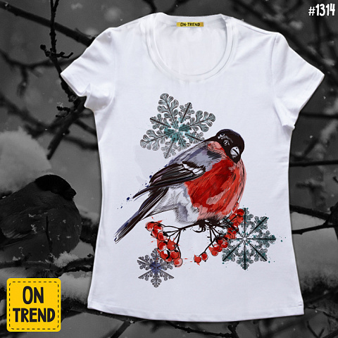 картинка Женская футболка "Снегирь" магазин  ON-TREND являющийся производителем одежды из хлопка высшего качества