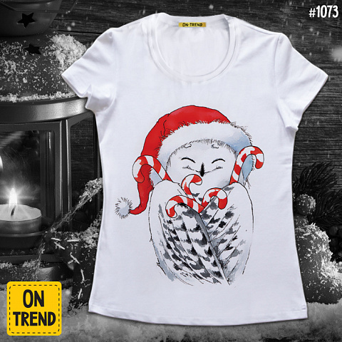 картинка Женская футболка "Новогодняя совушка" магазин  ON-TREND являющийся производителем одежды из хлопка высшего качества