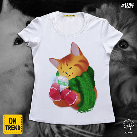 картинка Женская футболка "Мандариновая кошечка" магазин  ON-TREND являющийся производителем одежды из хлопка высшего качества