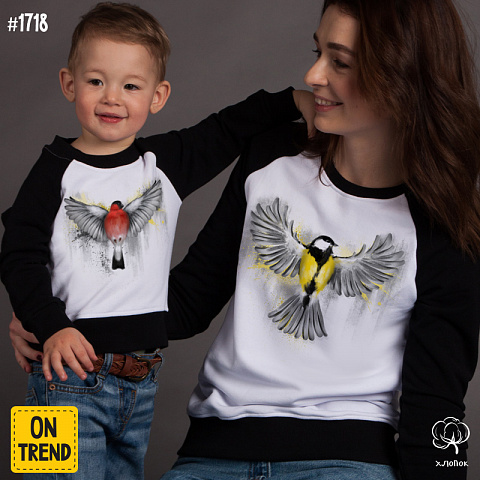 картинка Толстовки для мамы и ребенка "Птички" магазин  ON-TREND являющийся производителем одежды из хлопка высшего качества