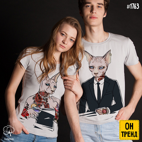картинка Парные футболки "Котики с тату" магазин  ON-TREND являющийся производителем одежды из хлопка высшего качества