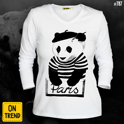 картинка Женский лонгслив "Панда в Париже" магазин  ON-TREND являющийся производителем одежды из хлопка высшего качества